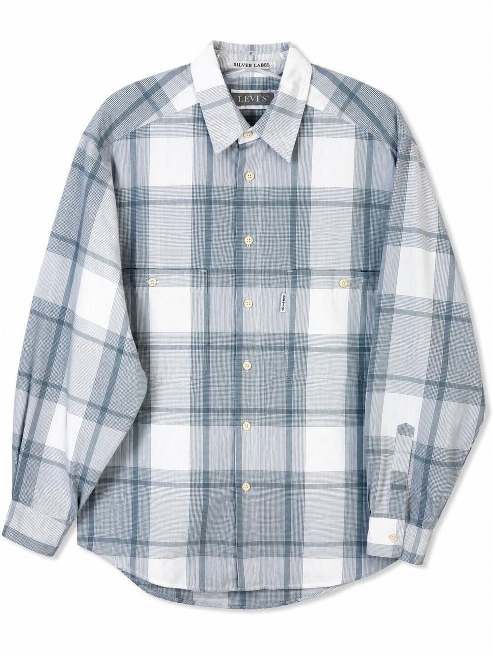 Vintage Levis Silver Label Mens L Plaid Button Up Shirt Blue Gray Cotton 90s